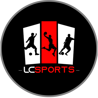 Logo da Loja LC Sports nas cores preto, vermelho e branco, 
            apresentando um personagem jogando futebol e outro jogando basquete.